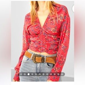 Free people I got you printed long sleeve rouched top in ruby combo